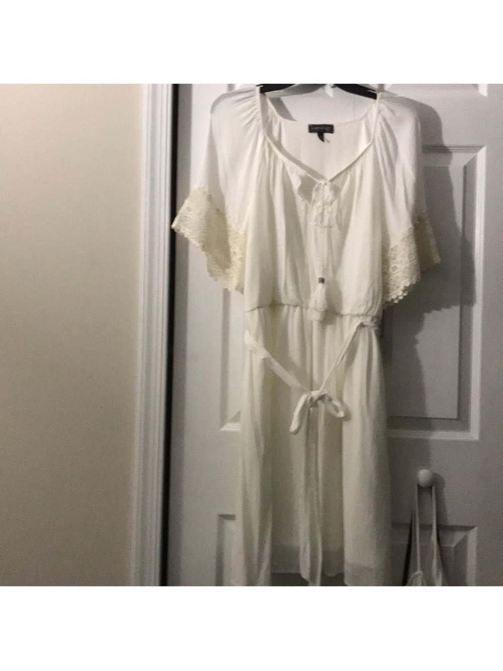 Luxology Cream Midi Dress with Lace-Trim Sleeves